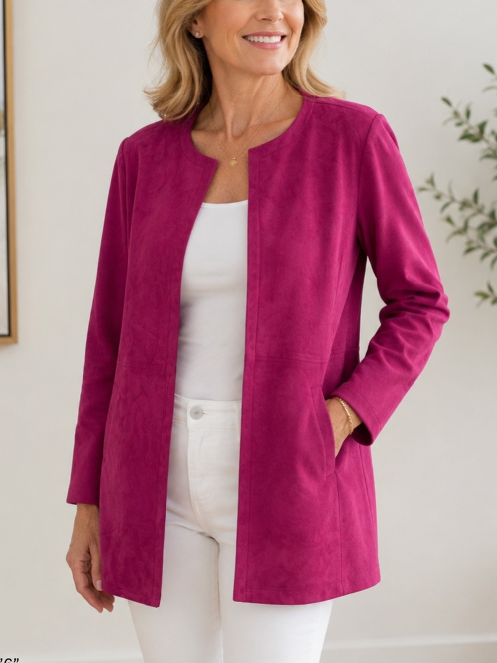 NWT Chico's magenta soft faux suede open front jacket, size 16.